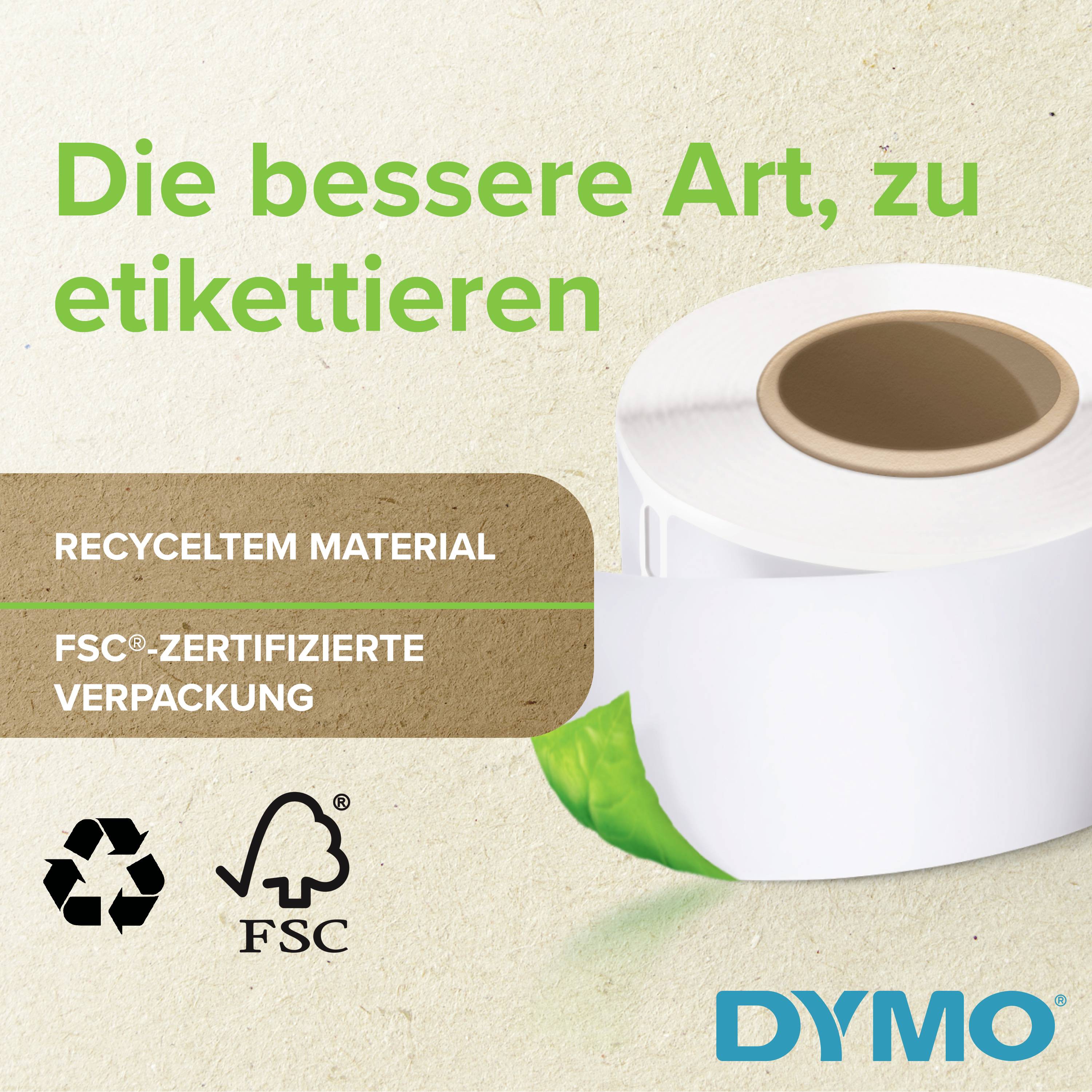 Eine weiße Etikettenrolle neben Text: 'Die bessere Art, zu etikettieren'. Hinweis auf recyceltes Material und FSC-Zertifizierung.