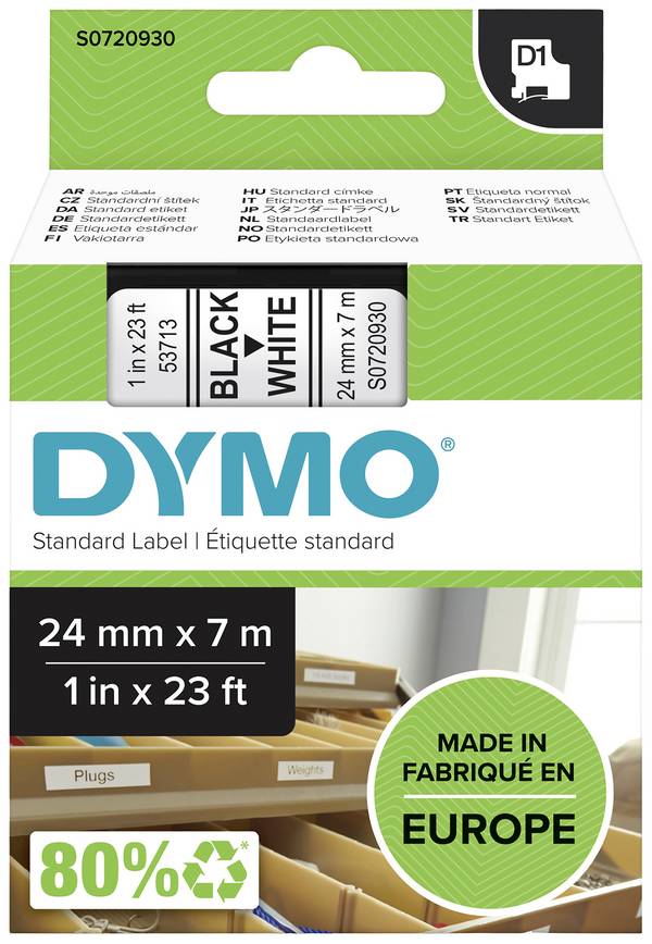 Etiketten  DYMO D1 53713 Polyester Bandfarbe: Weiß Schriftfarbe:Schwarz 24 mm 7 m