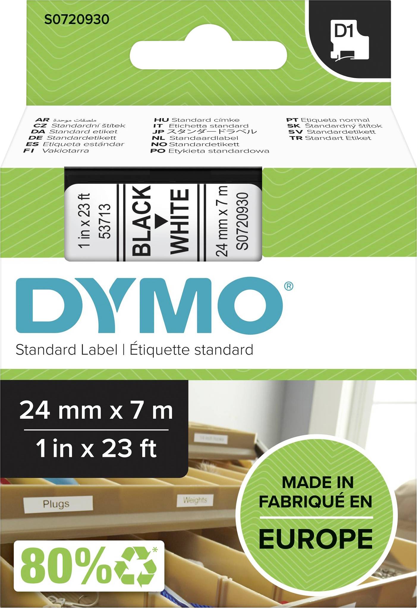 'DYMO Standard Label, 24 mm x 7 m, schwarz auf weiß, Artikelnummer S0720930, hergestellt in Europa, 80 % Recyclinganteil.'