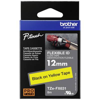Verpackung einer Brother P-Touch Flexi-Tape-Kassette mit schwarzer Schrift auf gelbem Hintergrund, 12mm Breite, 8m Länge.