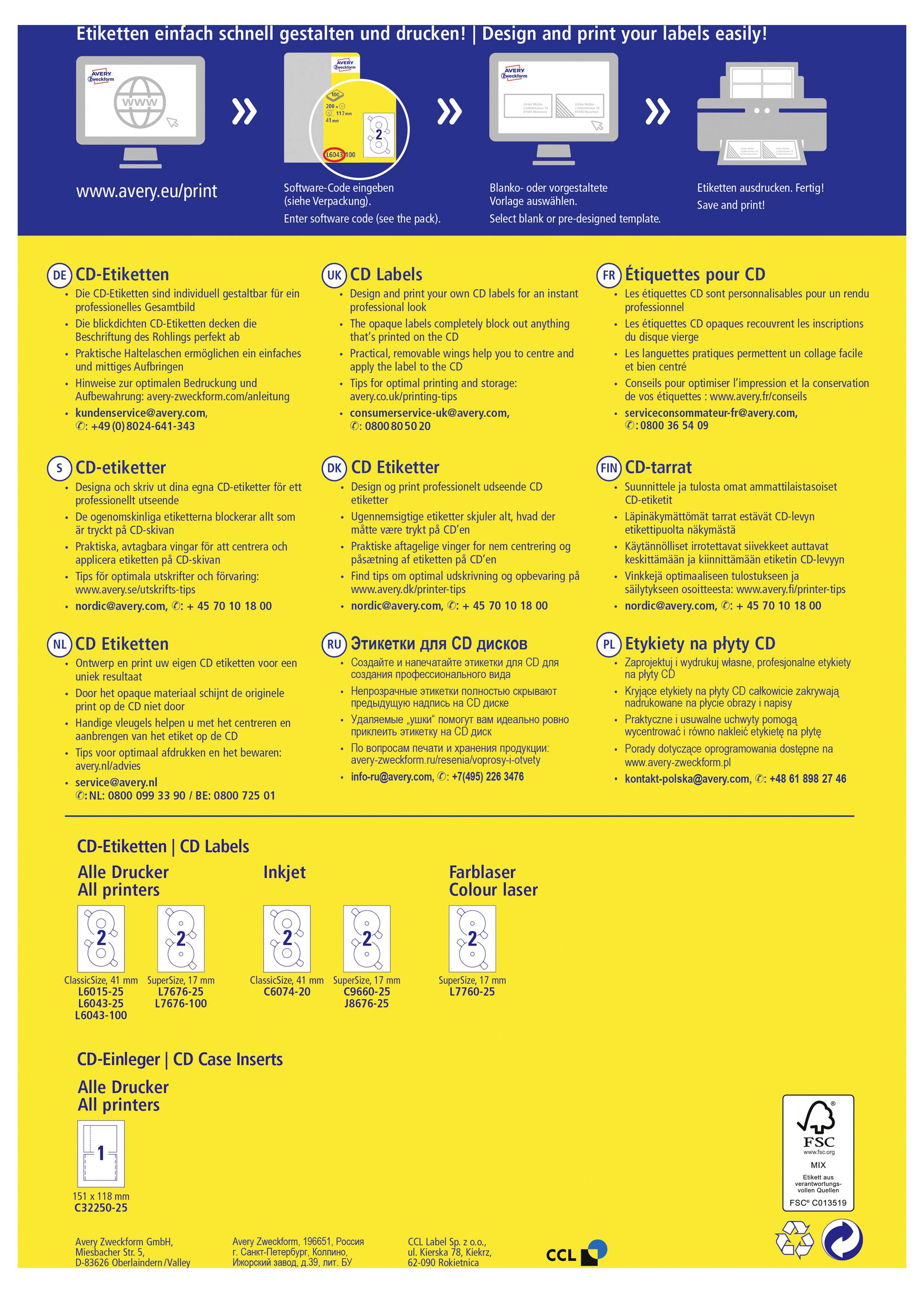 Ein gelbes Poster für Avery-Etikettprodukte zeigt Schritte zum Entwerfen, Drucken und Anbringen von CD-Etiketten, mit mehrsprachigen Produktlisten und Druckerkompatibilitätssymbolen.