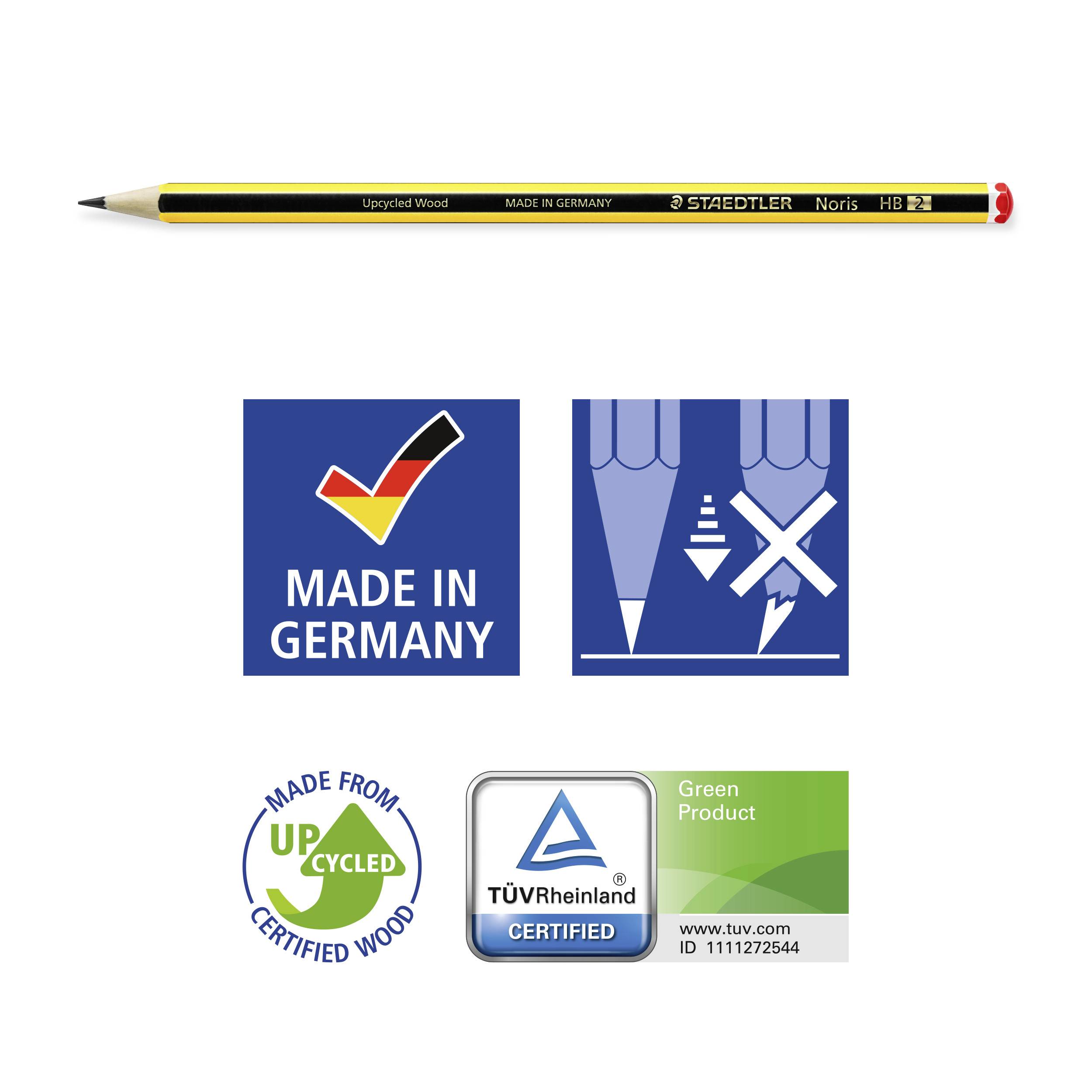 'STAEDTLER Noris HB' Bleistift mit 'Made in Germany', 'Made from Upcycled Wood' und 'TÜV Rheinland Certified Green Product' Logos.