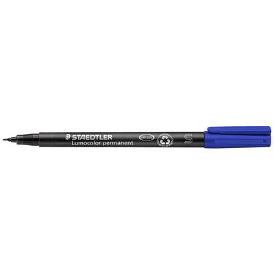 Schwarzer Stift mit blauer Kappe, Marke 'Staedtler Lumocolor permanent', geeignet zum Schreiben auf verschiedenen Oberflächen.
