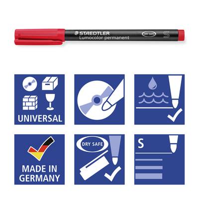 Ein schwarzer STAEDTLER Lumocolor Permanent-Marker mit roter Kappe. Symbole: 'universal', 'Made in Germany', 'dry safe', wetterfest, feucht abwischbar.