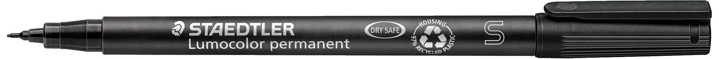 Ein schwarzer Permanentmarker der Marke Staedtler mit der Aufschrift 'Lumocolor permanent'.