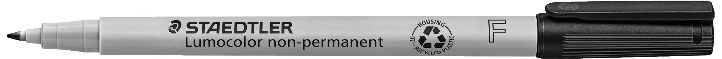 Grauer Staedtler Lumocolor Stift, nicht-permanent, feine Spitze, mit Recycling-Symbol und schwarzer Kappe, liegt horizontal.