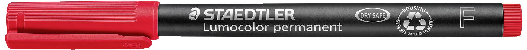 Roter Permanentmarker mit der Aufschrift 'Staedtler Lumocolor permanent'. Geeignet für verschiedene Oberflächen. Größe F.