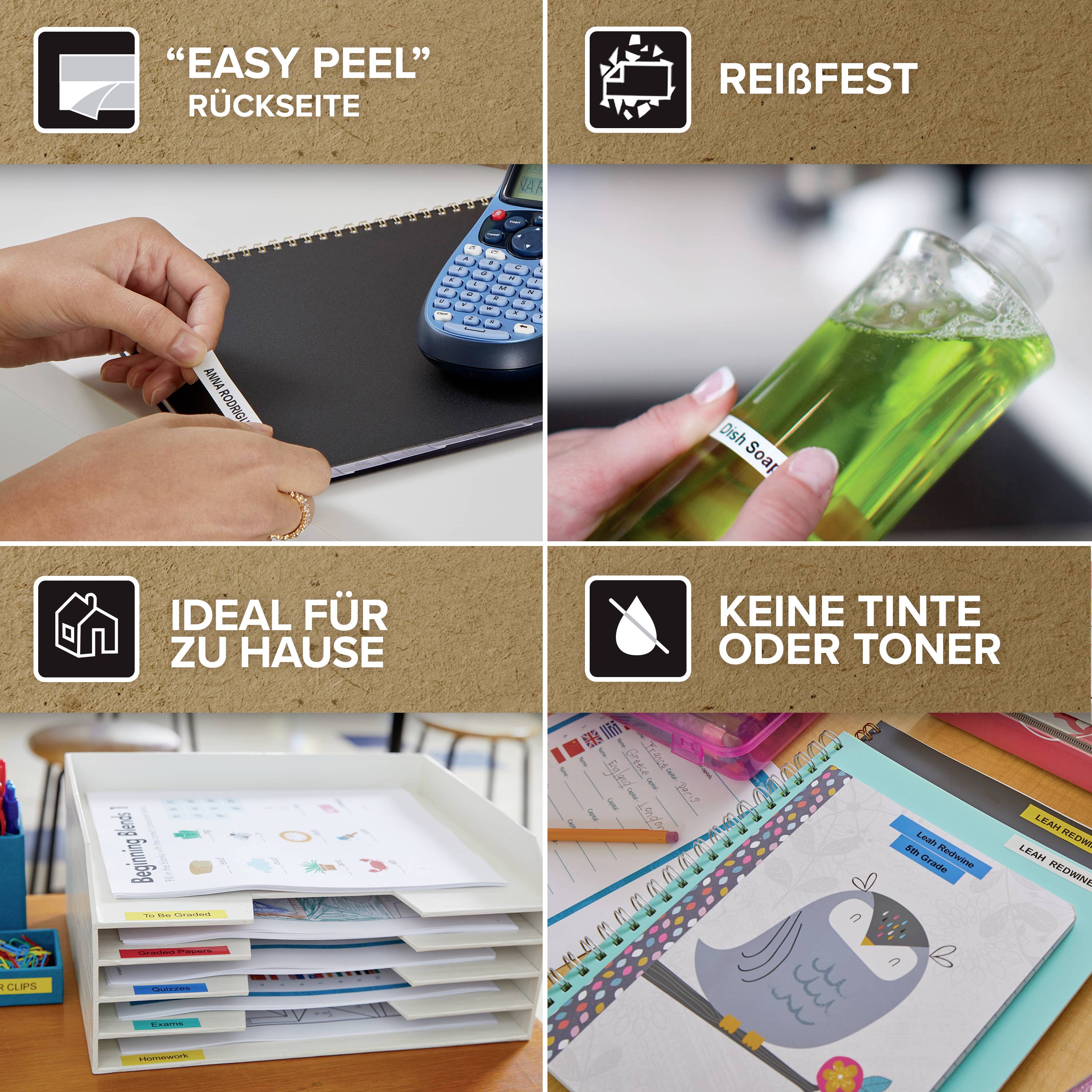 'Easy Peel' Etikett wird von einem Notebook abgelöst. Reißfestes Etikett haftet an einem Reagenzglas. Ideal für Zuhause. Keine Tinte notwendig.