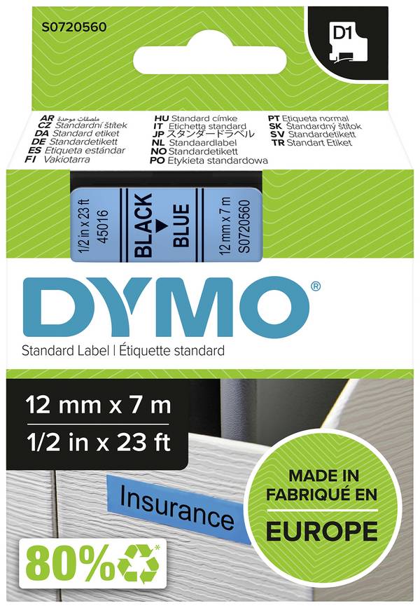 Etiketten DYMO D1 45016 Polyester Bandfarbe: Blau Schriftfarbe:Schwarz 12 mm 7 m