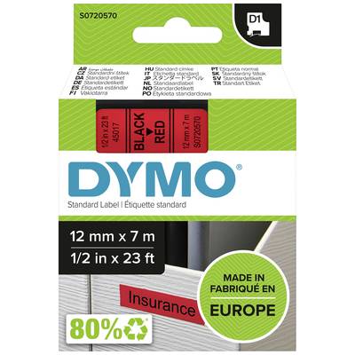 DYMO Etikettenpackung, schwarz auf rot, 12 mm x 7 m, 80% recyceltes Material, hergestellt in Europa, Aufschrift 'Insurance'.