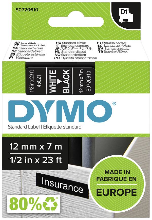 Etiketten DYMO D1 45021 Bandfarbe: Schwarz Schriftfarbe:Weiß 12 mm 7 m