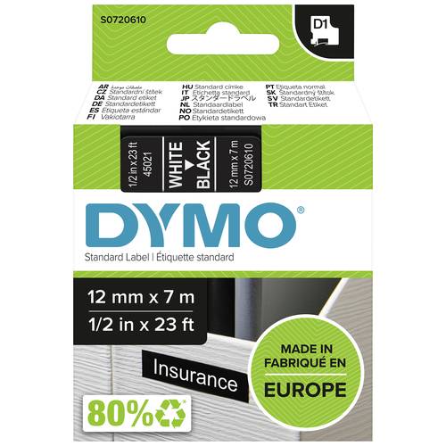 Schriftband DYMO D1 45021 Bandfarbe: Schwarz Schriftfarbe:Weiß 12 mm 7 m