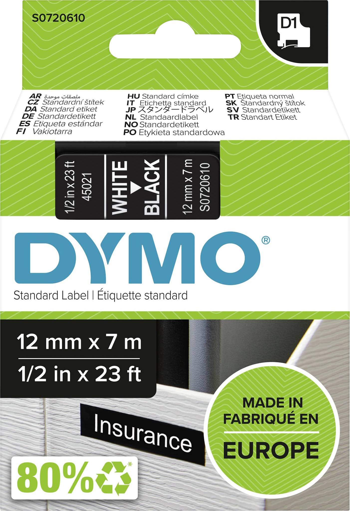 Schriftband weiß auf transparent 12mm/7m Dymo D1-Band 