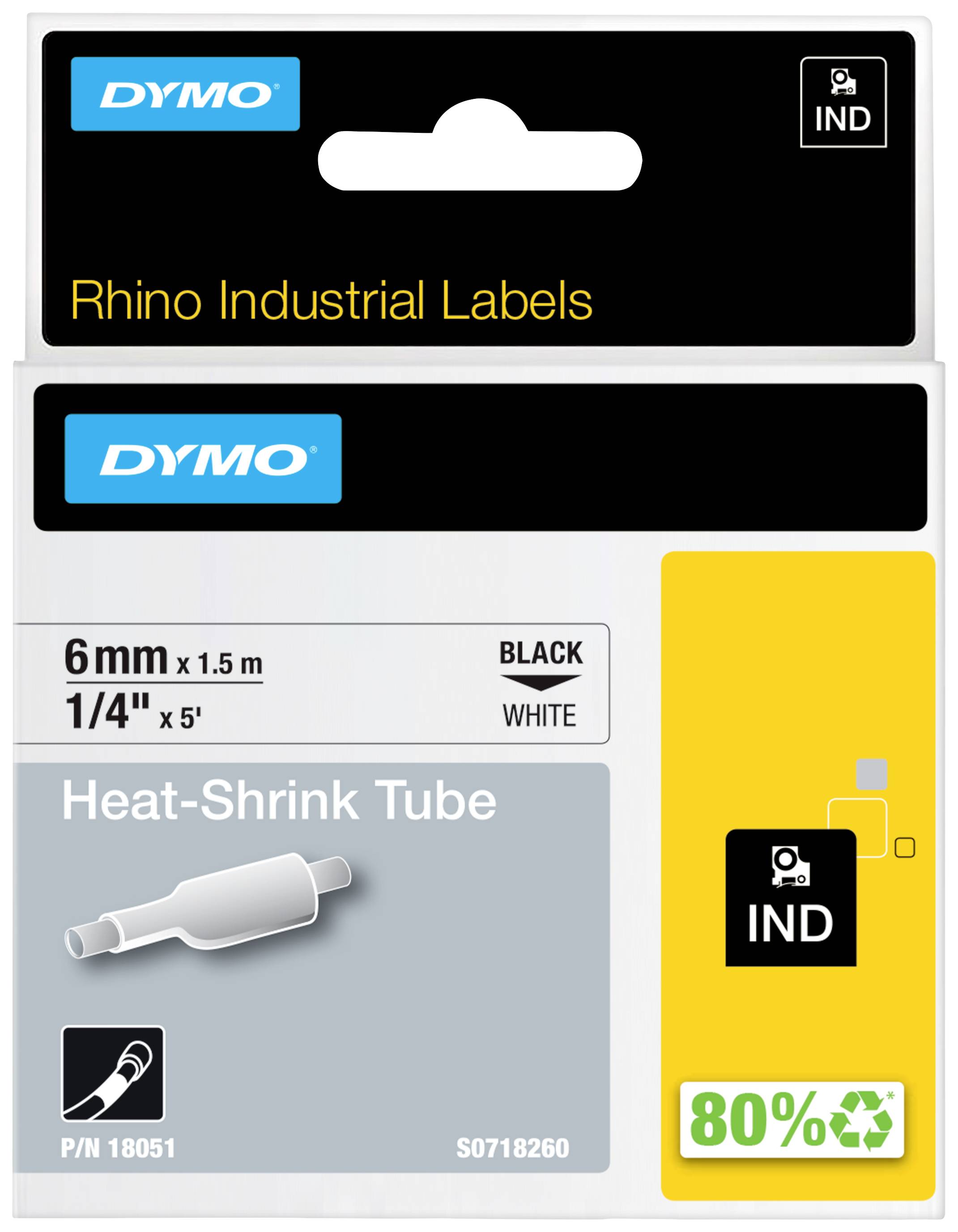Verpackung für DYMO Rhino Industriekabel, 6mm Schrumpfschlauch, 1,5m, schwarz auf weiß, mit 80% Recyclingmaterial.