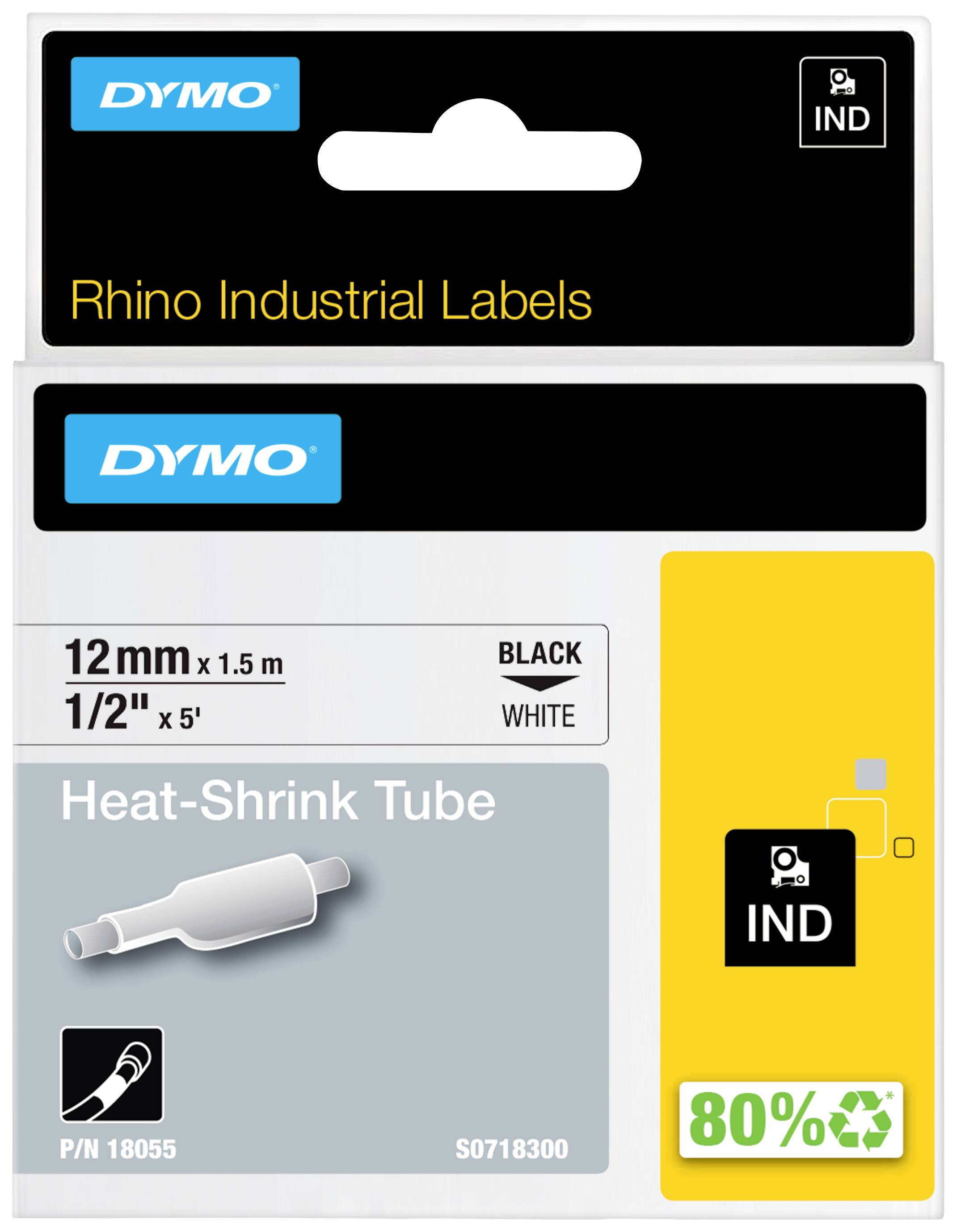 'Verpackung für industrielle Dymo-Etiketten, 12 mm x 1,5 m, schwarz auf weiß, Schrumpfschlauch, 80% recycelte Materialien.'