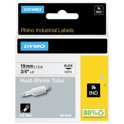 'DYMO Rhino Industrial Labels', 19mm x 1,5m, Schrumpfschlauch in Schwarz-Text auf weißem Hintergrund, 80% recycelbar.