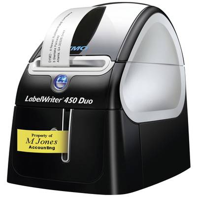 Ein Etikettendrucker, Modell 'LabelWriter 450 Duo' von Dymo, mit einem gelben Etikett darauf 'Property of M Jones Accounting'.