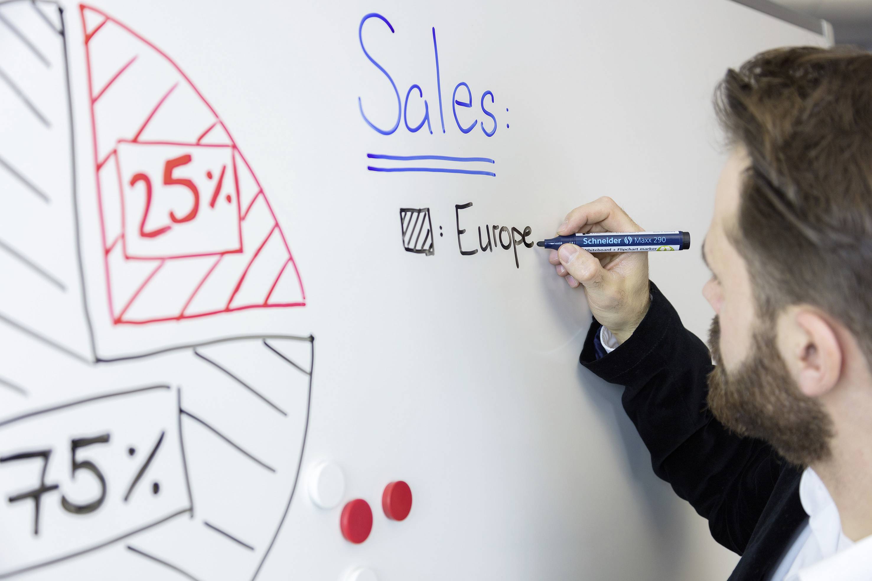 Ein Mann schreibt auf ein Whiteboard mit der Überschrift 'Sales:'. Ein Diagramm zeigt '25%' und '75%' als Anteile. Thema ist Europa.