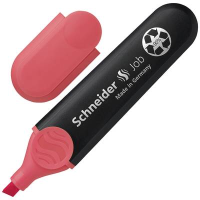 Roter Textmarker der Marke 'Schneider', Modell 'Job'. Aufschrift 'Made in Germany' und Recycling-Symbol mit '90%' auf dem schwarzen Gehäuse.