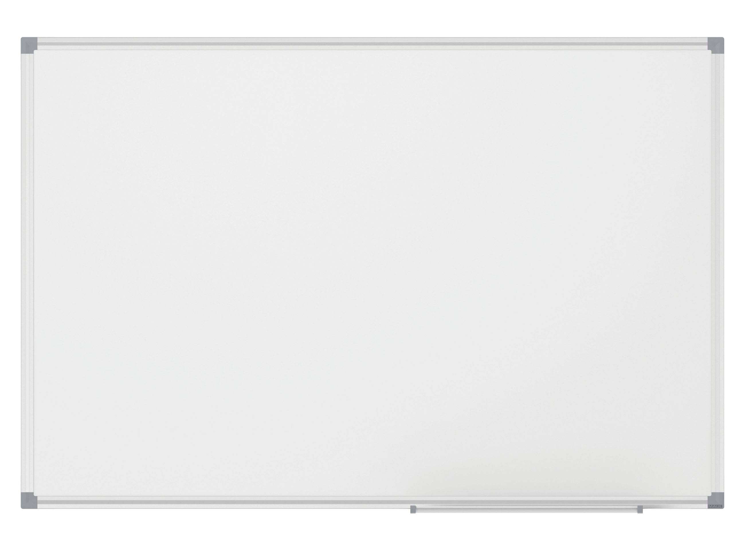 Leeres Whiteboard mit einem hellgrauen Rahmen und Befestigungsclips an den Ecken