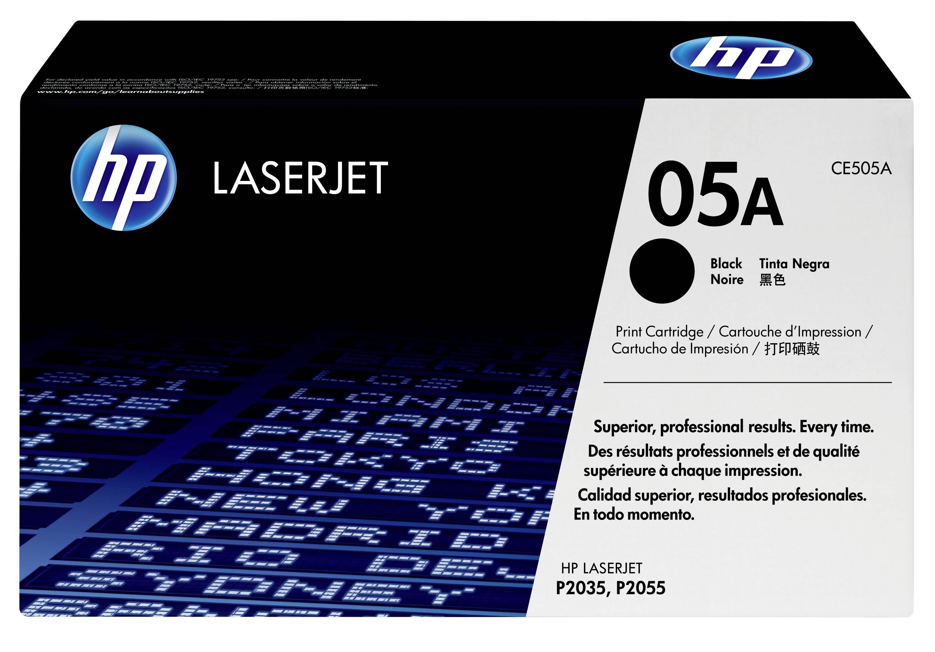 HP LaserJet 05A Schwarz-Tonerpatrone, Karton mit Kennzeichnung CE505A, für HP LaserJet P2035 und P2055 Drucker.