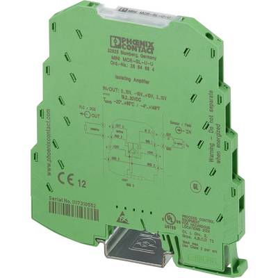 Ein grüner Phoenix Contact-Trennverstärker mit der Modellnummer MINI MCR-SL-U-I. Er verfügt über eingravierte Spezifikationen und Anschlussdiagramm.