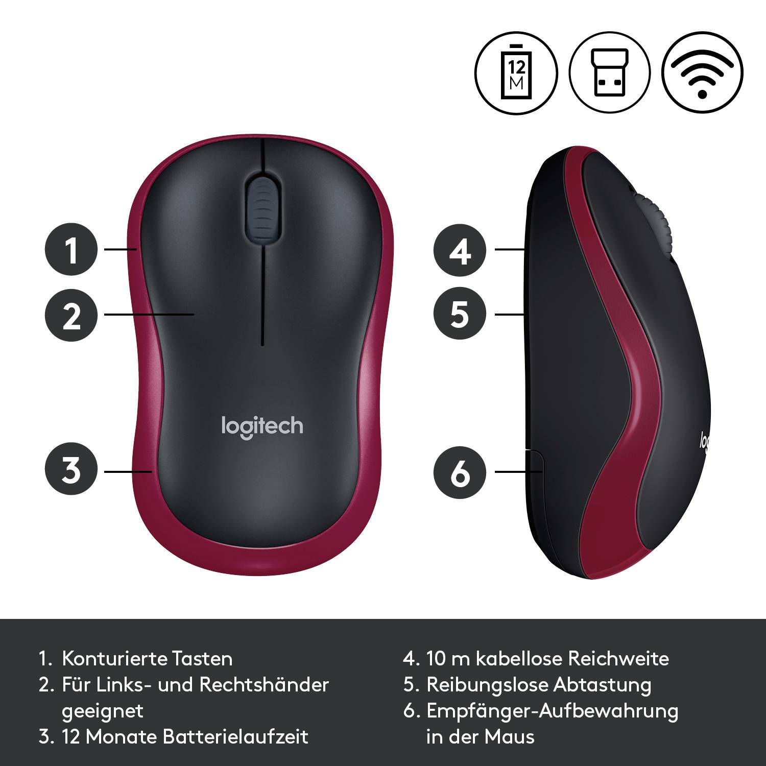 Logitech M185 Maus Funk Optisch Rot 3 Tasten 1000 dpi-10
