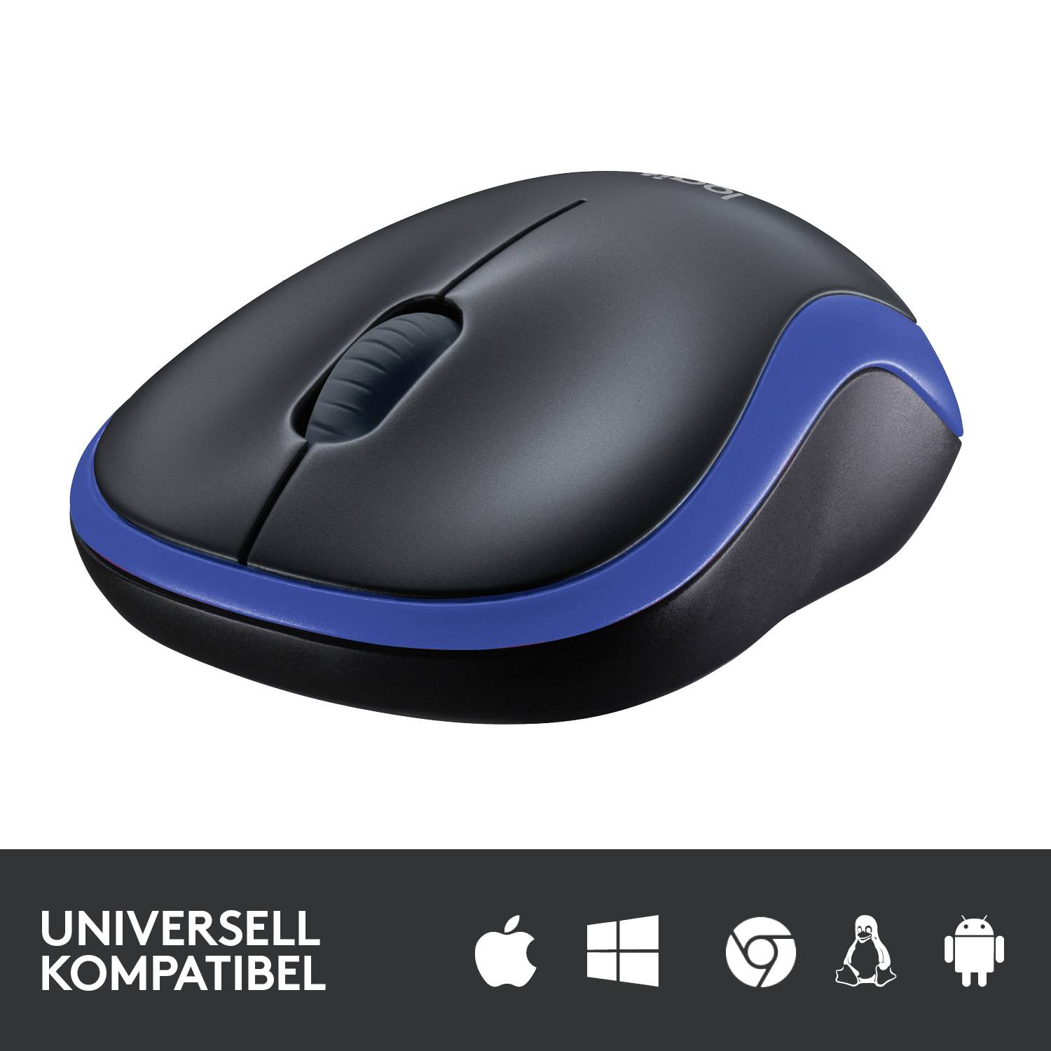 Drahtlose Computermaus mit schwarzem und blauem Design. Darunter Symbole für Kompatibilität mit Apple, Windows, Linux und Android.