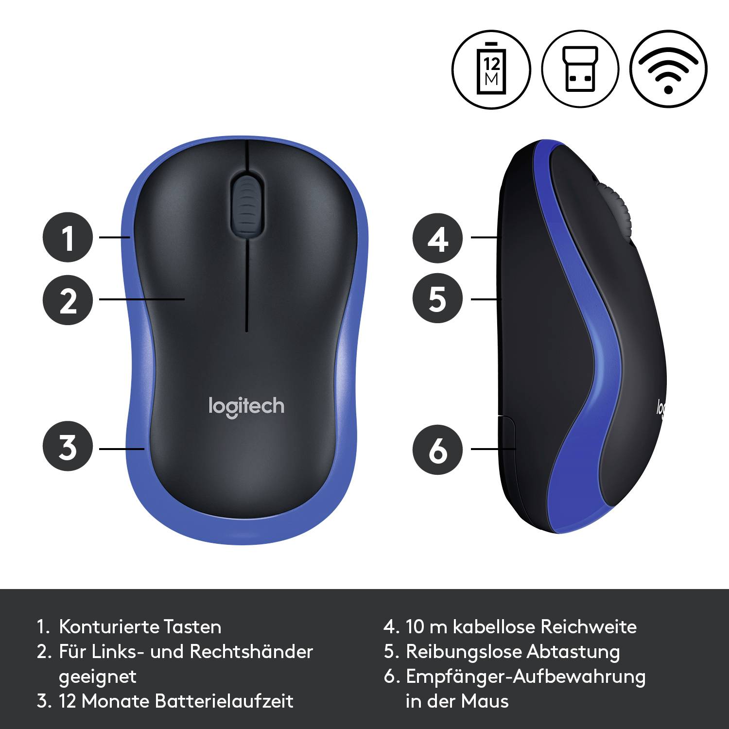 Kabellose Logitech-Maus in Blau mit konturierten Tasten, geeignet für Links- und Rechtshänder. 12 Monate Batterielaufzeit, 10 m Reichweite.