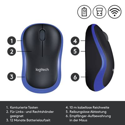 Kabellose Logitech-Maus in Blau mit konturierten Tasten, geeignet für Links- und Rechtshänder. 12 Monate Batterielaufzeit, 10 m Reichweite.
