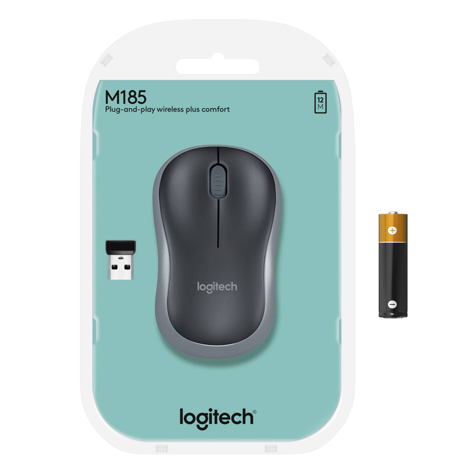 Kabellose Logitech Maus in Verpackung, Modell M185, mit USB-Empfänger und Batterie.