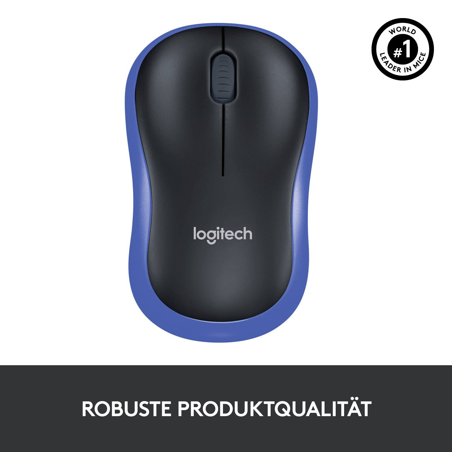 Eine kabellose Maus mit blauem Rand und dem Logo 'Logitech'. Text oben rechts: 'World #1 Leader in Mice'. Unten: 'Robuste Produktqualität'.