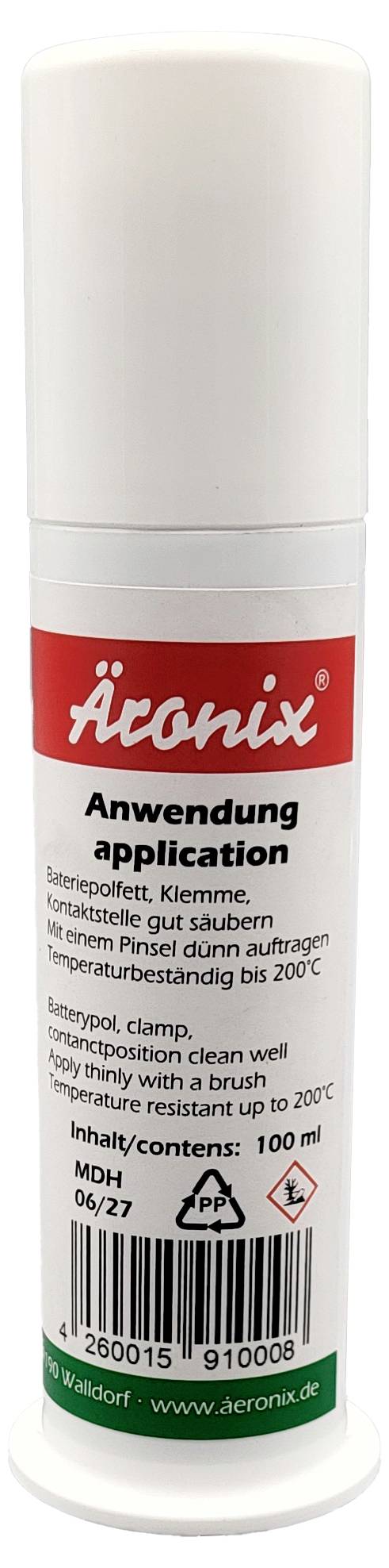 Eine weiße 100 ml Flasche Acronix mit rotem Etikett, zum Reinigen und Pfegebeschichten von Flächen bis 200°C hitzebeständig.