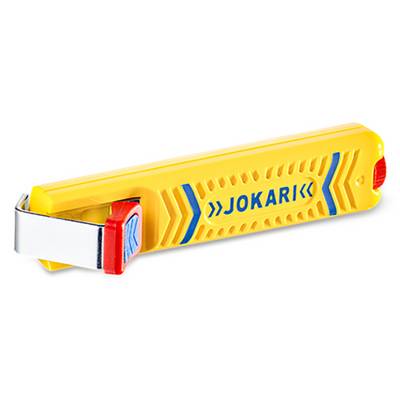 Ein gelb-roter Kabelabisolierer mit einer Metallklinge, mit der Aufschrift "JOKARI", der zum Entfernen der Isolierung von elektrischen Kabeln verwendet wird.