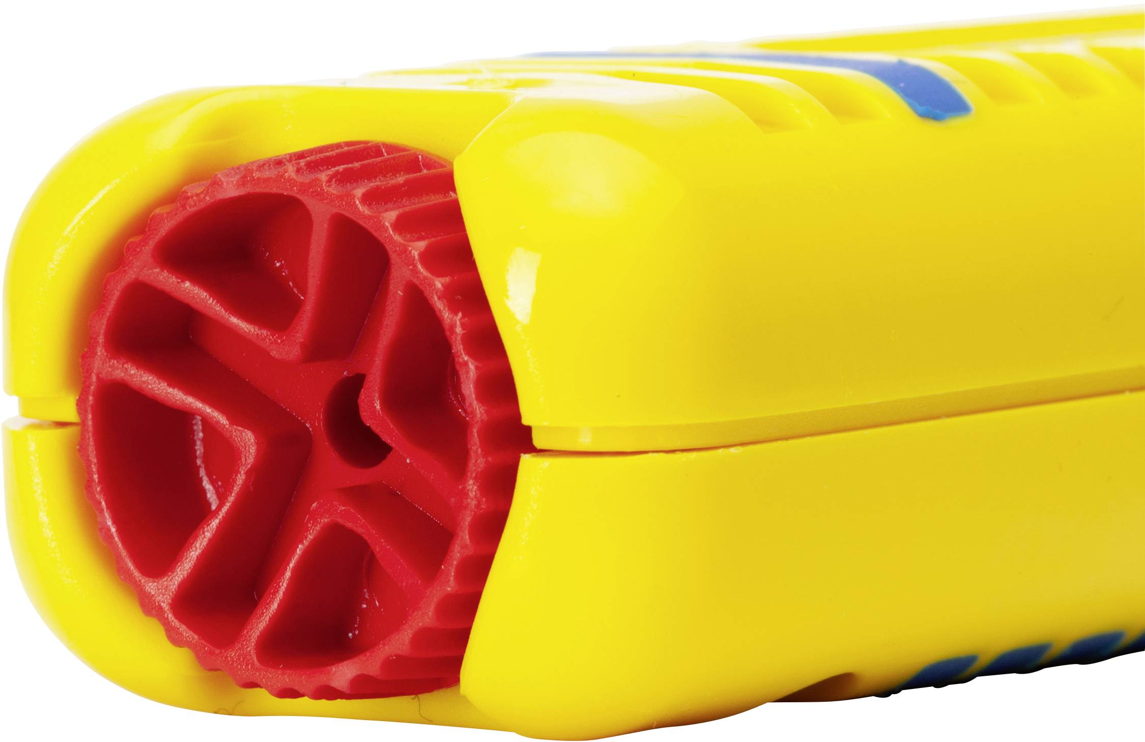 Gelber Plastikbehälter mit rotem, strukturiertem Deckel.