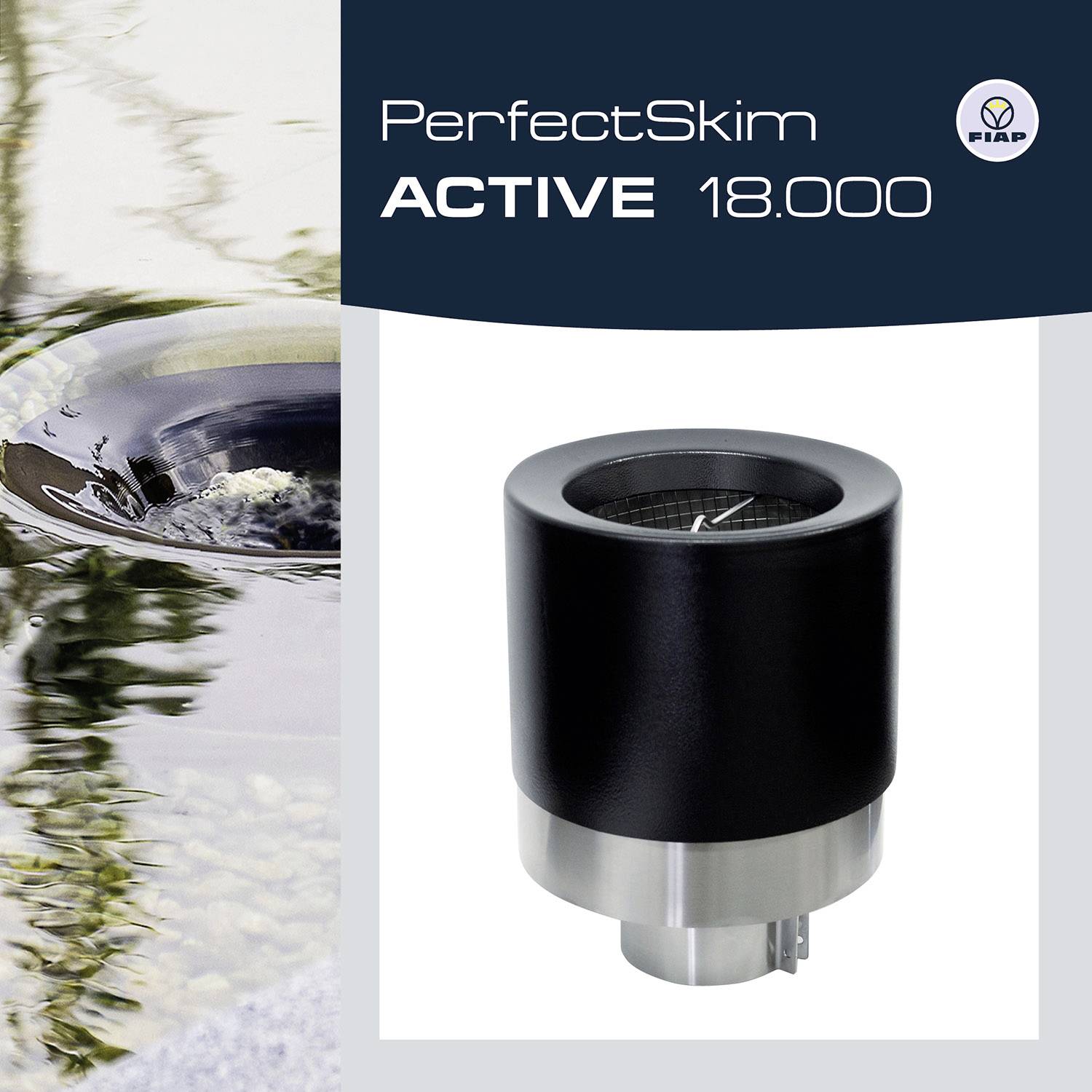'PerfectSkim ACTIVE 18.000' steht neben einem Bild eines skimmerähnlichen Geräts. Links spiegeln sich Bäume im Wasser.