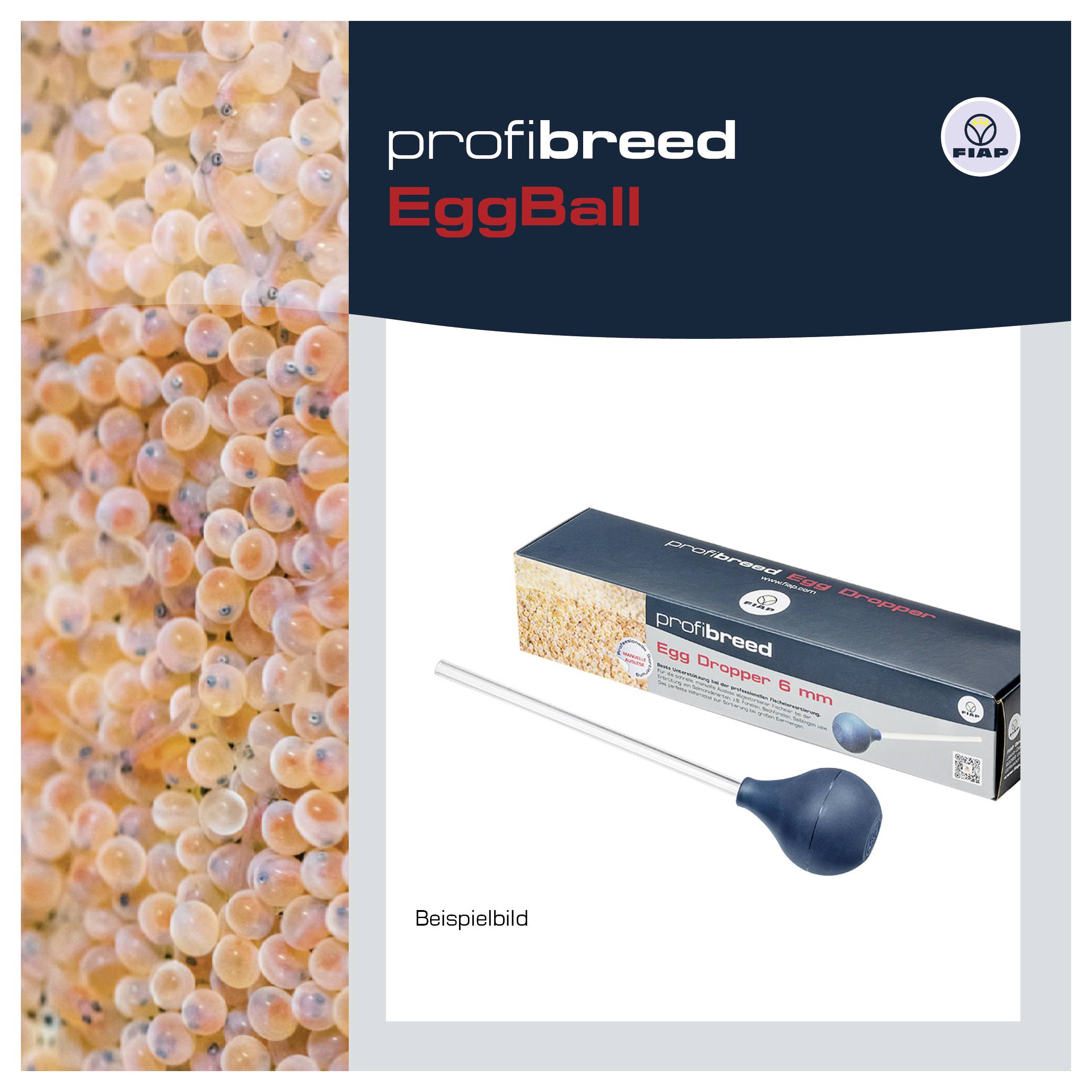 Produktverpackung für 'profibreed EggBall' mit einem Eierfall 6 mm Sampler, gezeigt neben einer Nahaufnahme von orangefarbenen Fischeiern; beschriftet mit 'Beispielbild'.