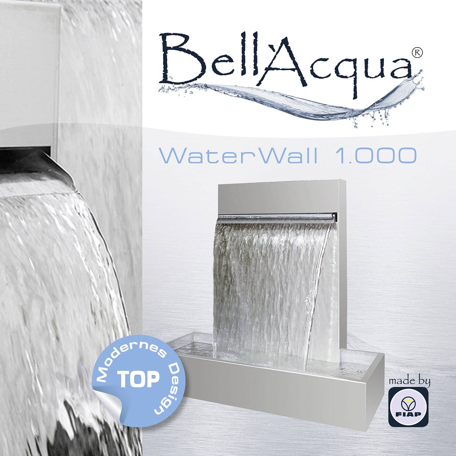 'BellAcqua WaterWall 1.000' Design-Wasserfall mit moderner, rechteckiger Struktur. Fließendes Wasser über glatte Oberflächen.