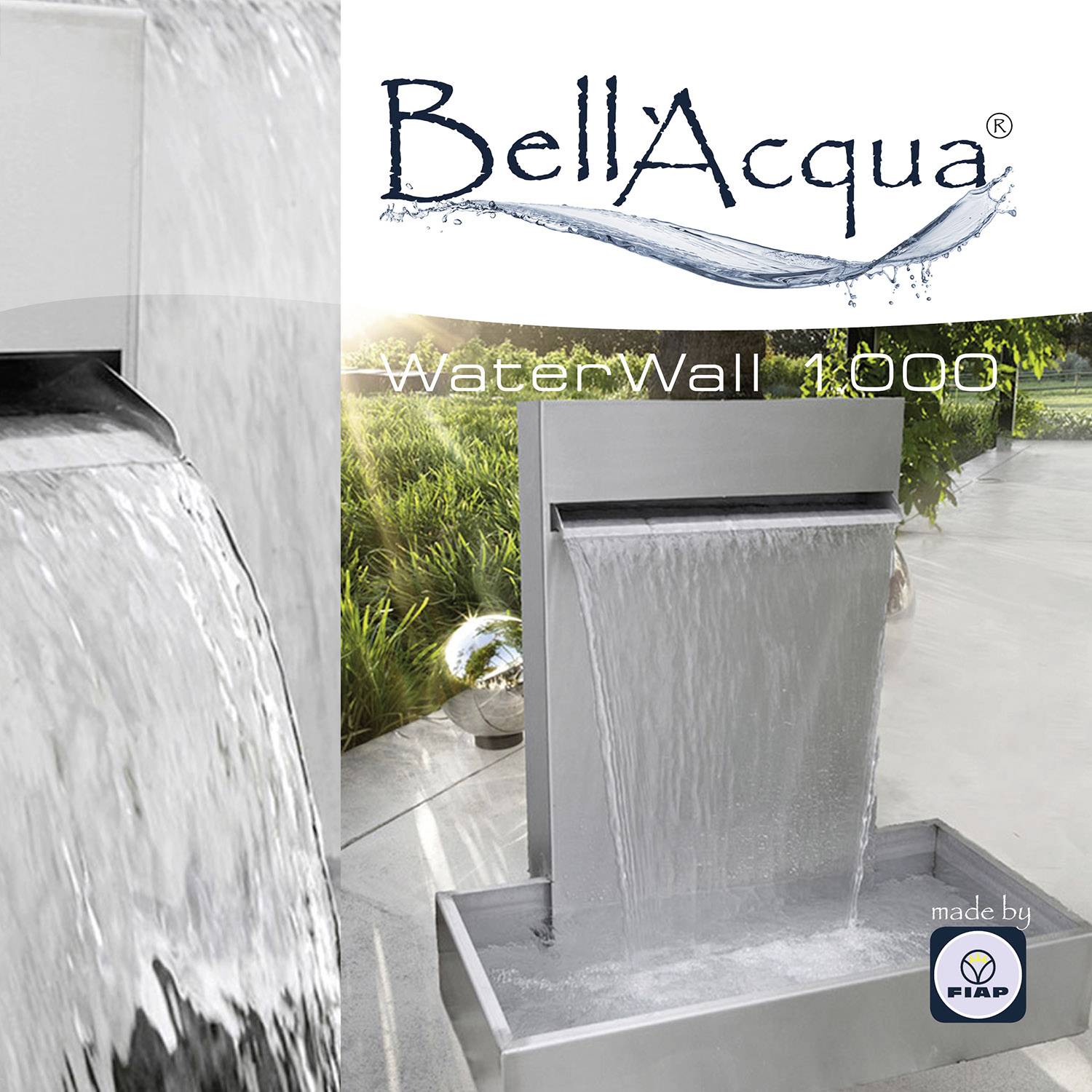 Wasserwand mit rechteckigem Design, Wasser fließt sanft hinunter. Im Hintergrund Pflanzen und Dekoration. Text: 'BellAcqua WaterWall 1000'.