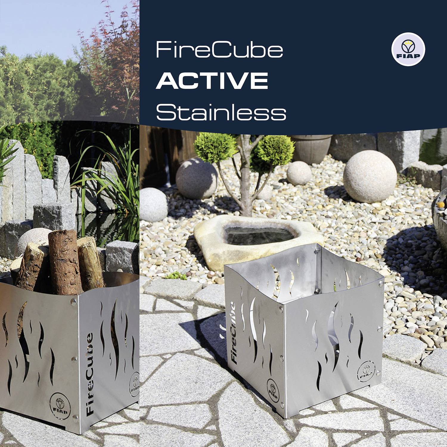 Garten mit Feuerkorb 'FireCube Stainless', umgeben von Steinen und Pflanzen. Der Feuerkorb zeigt ein modernes Design.