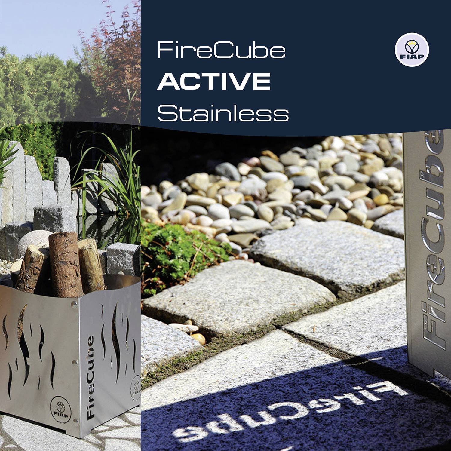 'FireCube Stainless' Feuerschale im Garten, quadratisches Design mit Flammenmuster. Holzscheite sind bereit für ein Feuer im Freien.