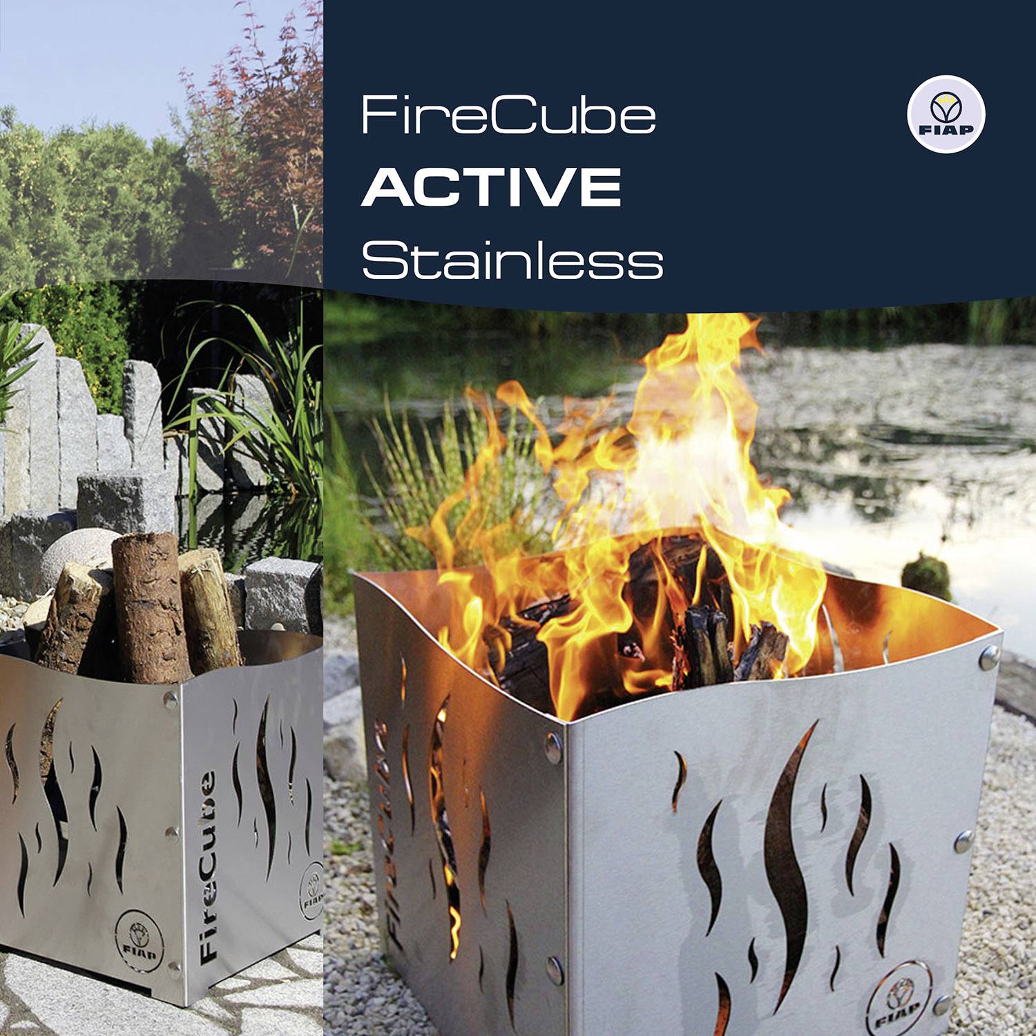 Der 'FireCube Active Stainless' ist ein dekorativer, quadratischer Feuerkorb aus Edelstahl, abgebildet mit brennendem Holz in natürlicher Umgebung.