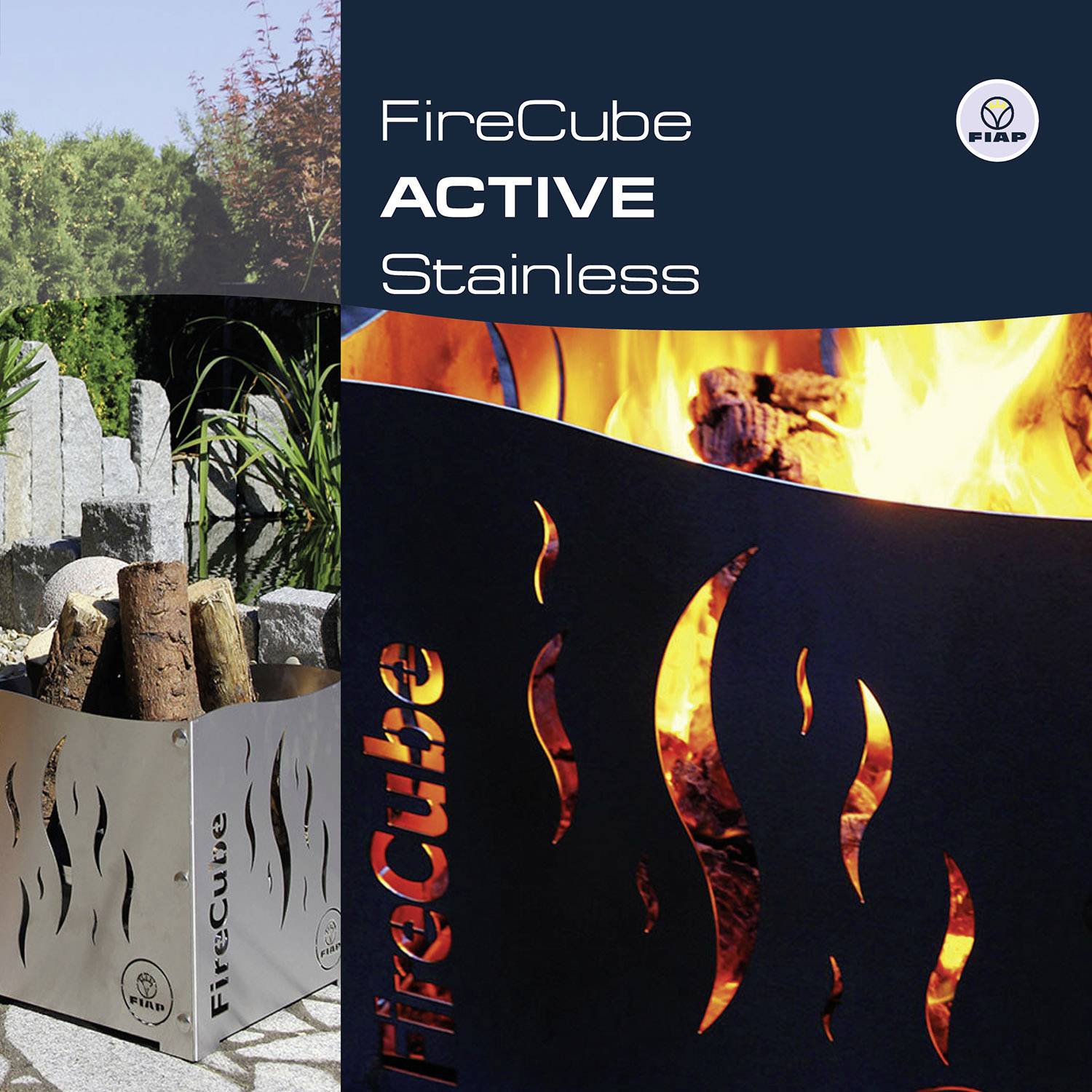 FireCube aus Edelstahl steht in einem Garten; an der Seite Brennholz gelagert. Rechts eine Nahaufnahme der Flammen.