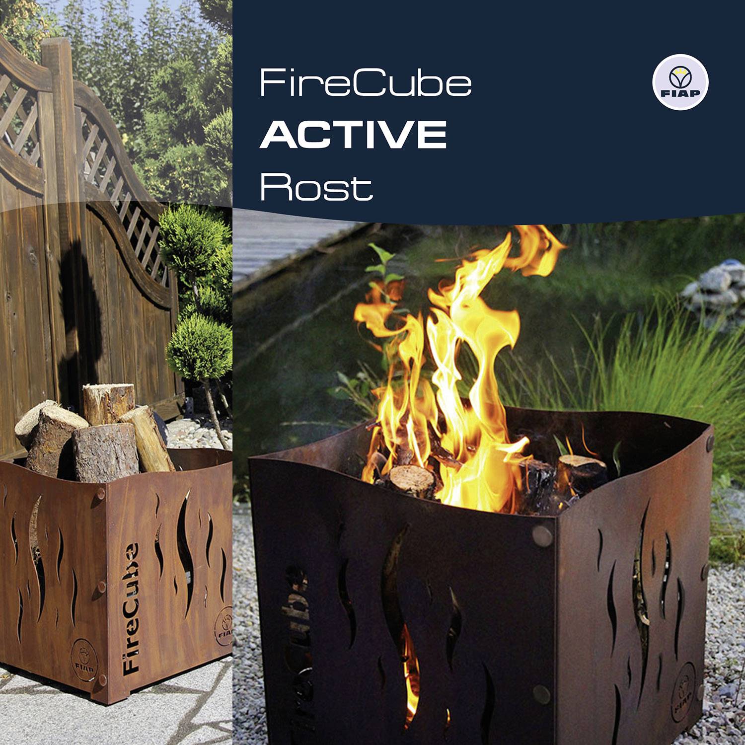 'FireCube Active Rost' Holzkiste und Feuer beim Brennen im Garten. Logo oben rechts.