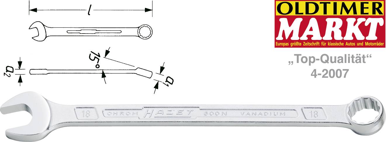 Diagramm und Foto eines Doppelendschlüssels, der sein abgewinkeltes offenes Ende und sein Ringende-Design zeigt; das Logo „OLDTIMER MARKT" und der Text „Top-Qualität 4-2007" erscheinen oben rechts.