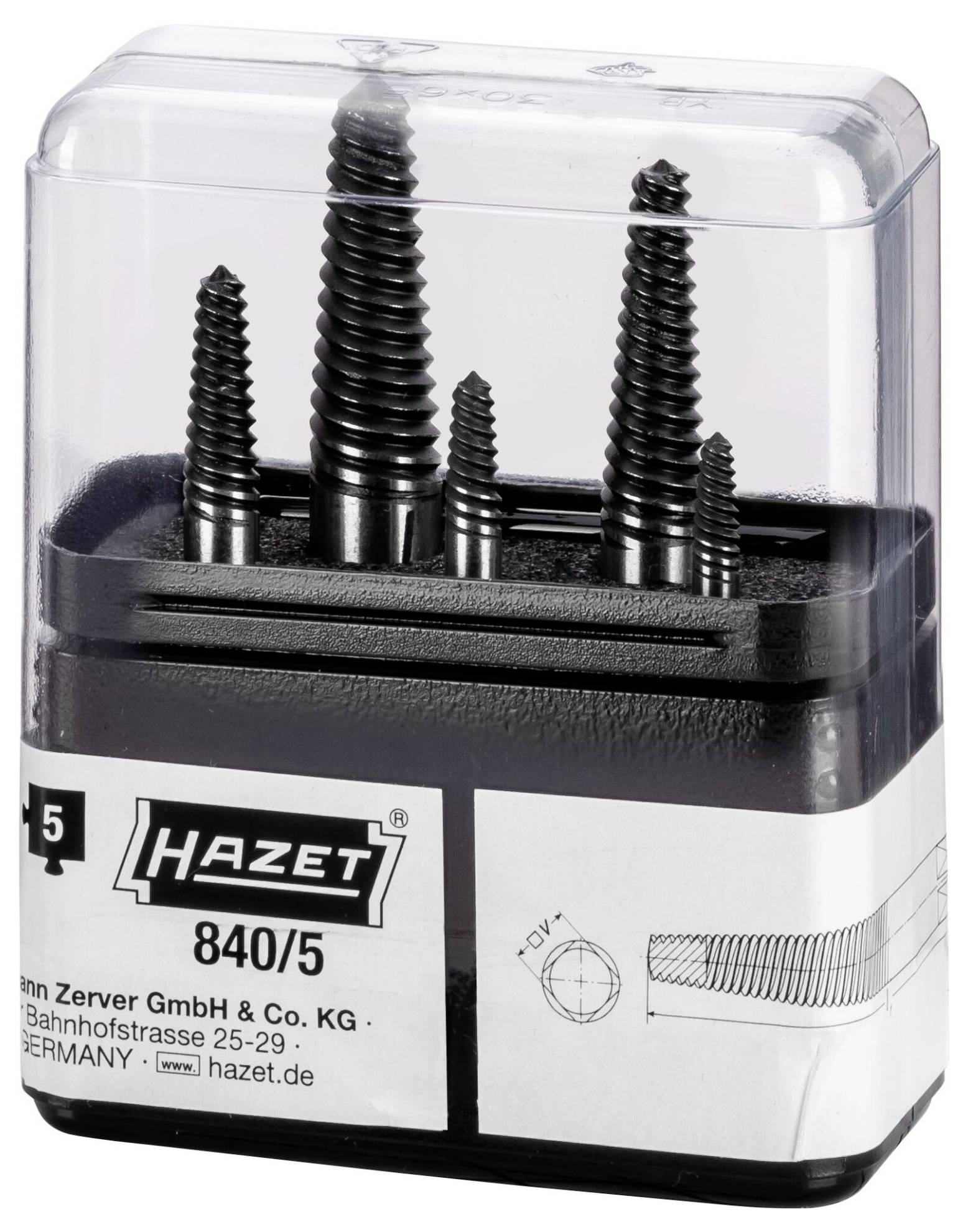 Set aus fünf Schraubenausdrehern der Marke Hazet, Modell 840/5, in transparenter Kunststoffbox, geeignet zum Entfernen defekter Schrauben.