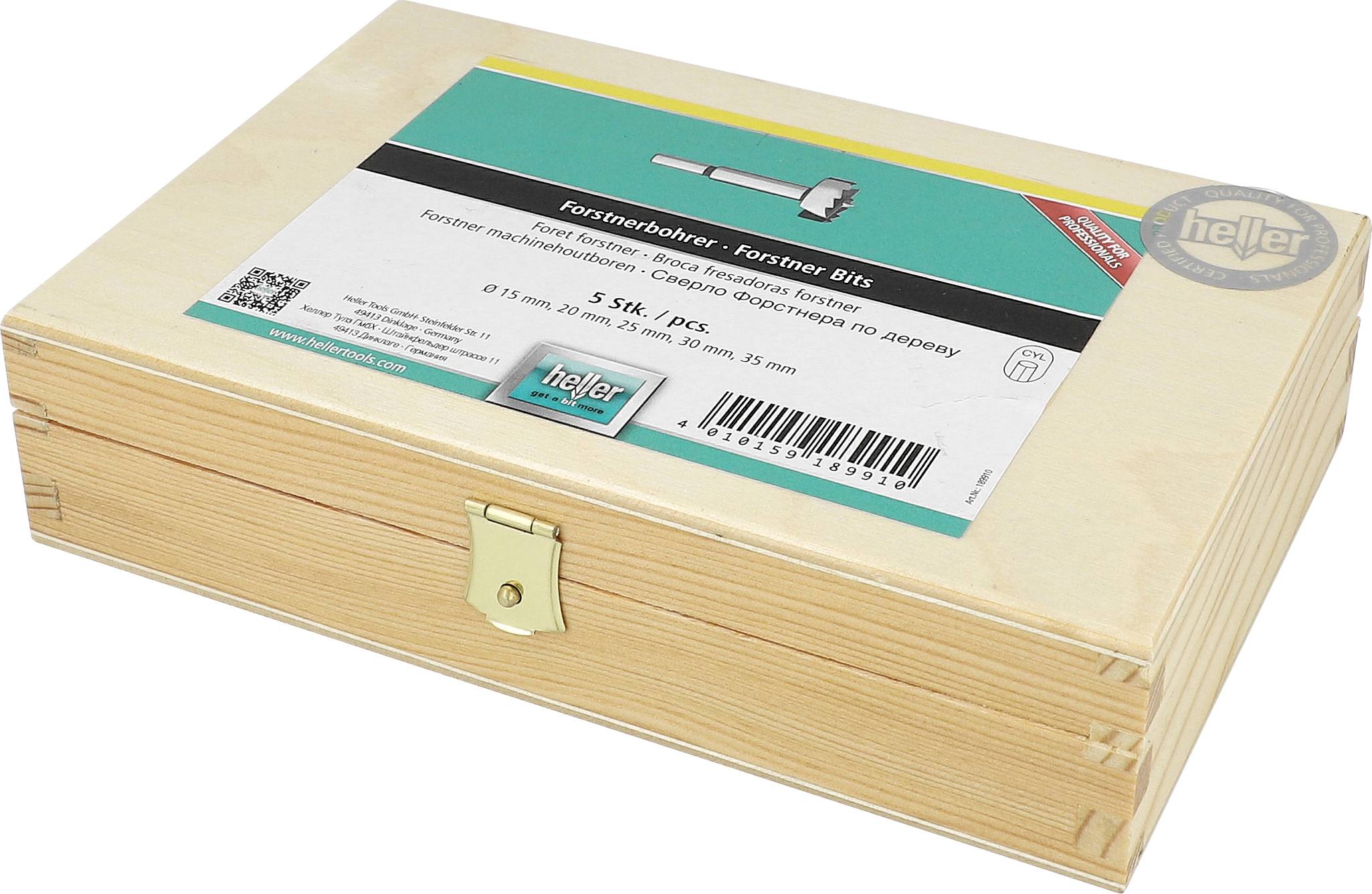 Eine Holzpräsentationsbox mit gedrucktem Etikett und Metallverschluss, mit der Marke „heller" versehen, geschlossen vor weißem Hintergrund gezeigt.
