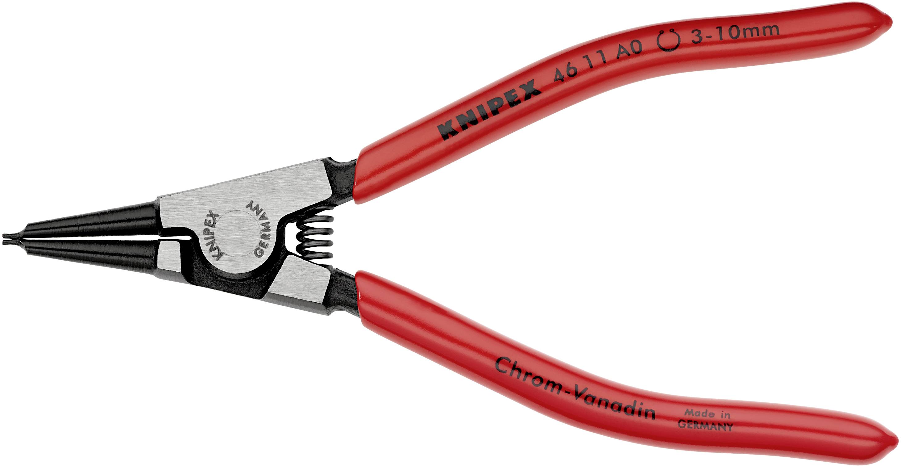 Rote Seegerringzange mit der Aufschrift 'Chrom-Vanadin'. Werkzeug für das Öffnen von Ringen in verschiedenen Größen.