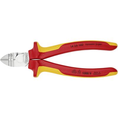 Seitenschneider mit roten und gelben Griffen, geeignet für Arbeiten bis 1000V. Markiert mit '14 26 160 Vanadin Super' und 'Made in Germany'.