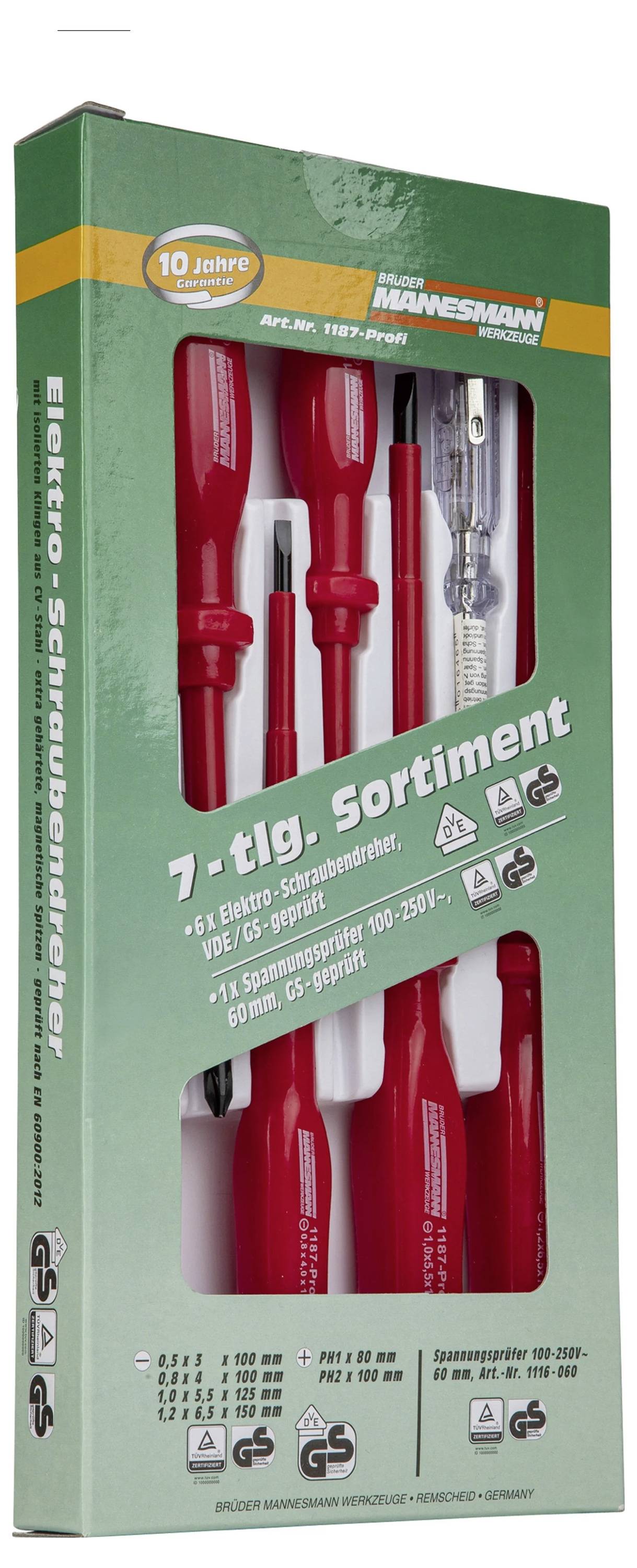 'Elektro-Schraubendreher-Set, 7-teilig, von Mannesmann. Enthält 6 Schraubendreher und 1 Prüfgerät. Geeignet für elektrische Arbeiten.'
